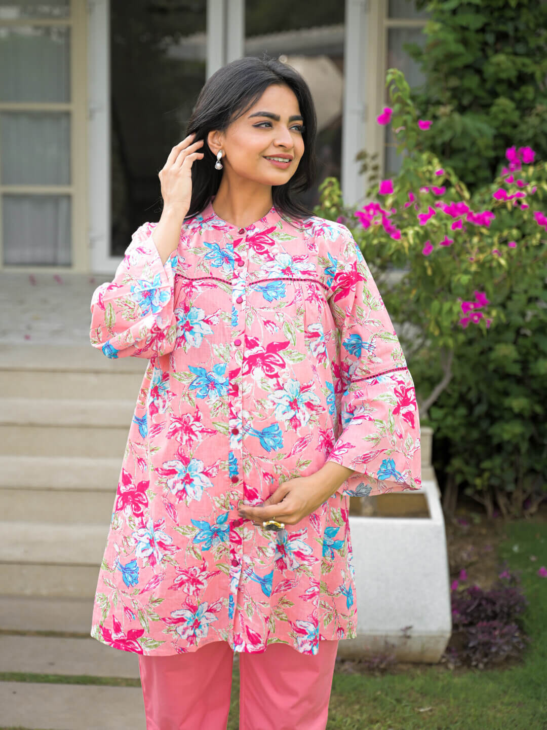 Pink Multi Floral Print Cotton Maternity Feeding-Friendly Top