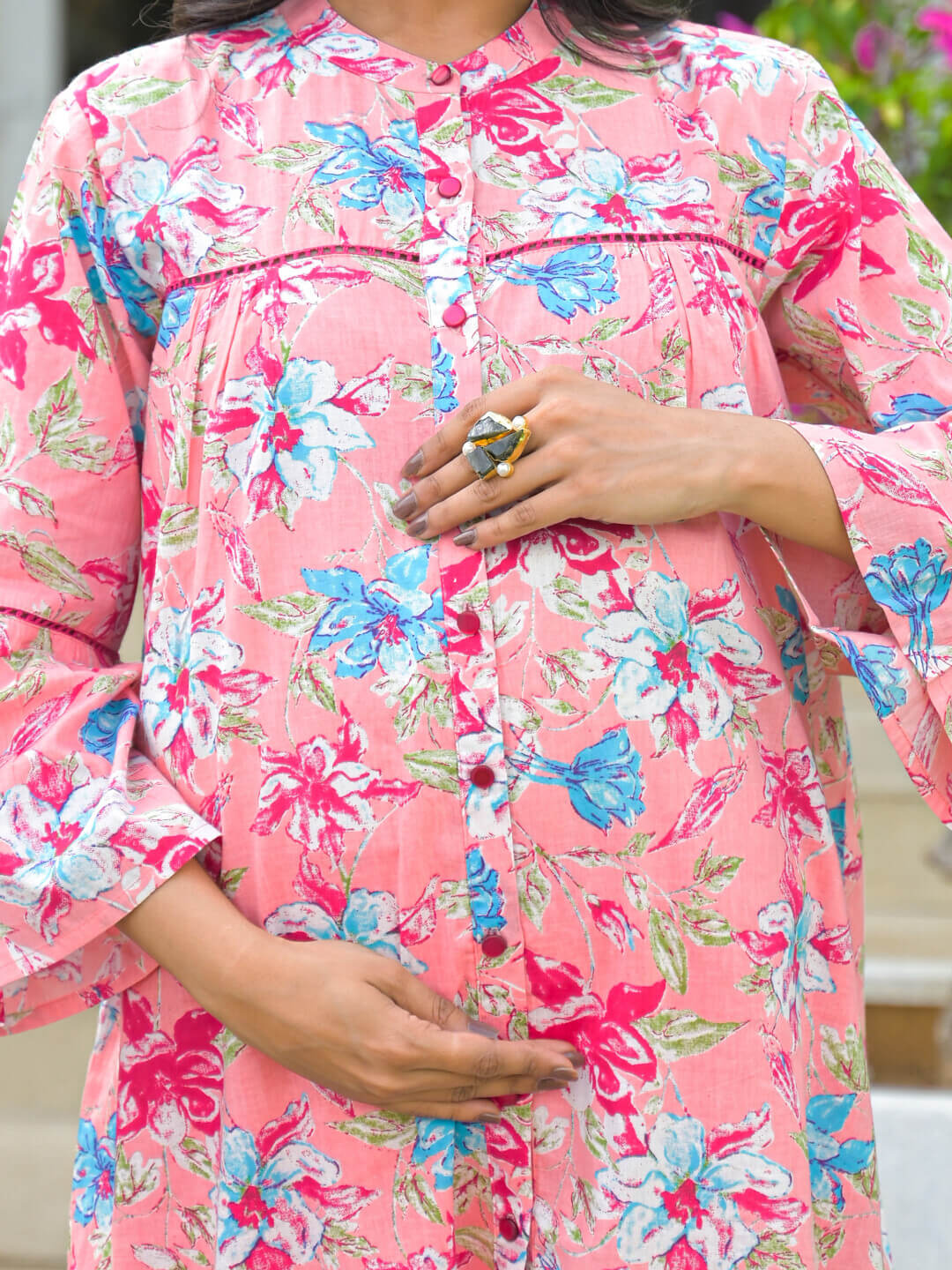 Pink Multi Floral Print Cotton Maternity Feeding-Friendly Top
