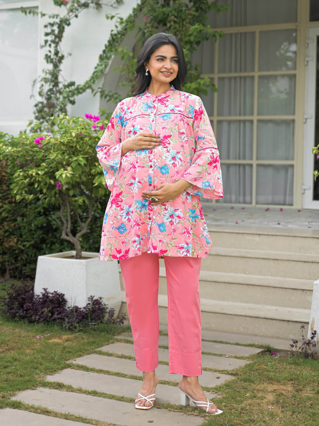 Pink Multi Floral Print Cotton Maternity Feeding-Friendly Top