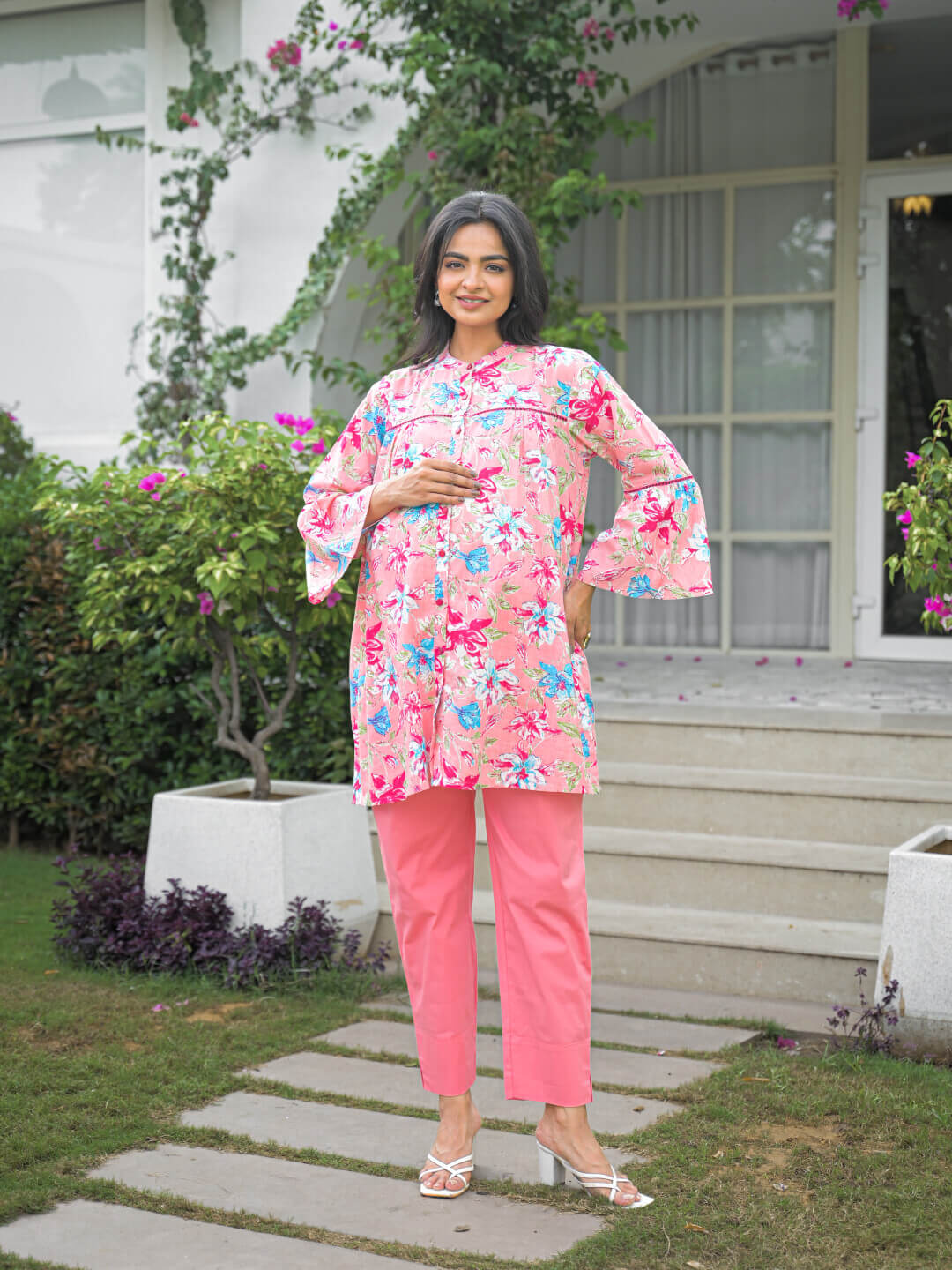 Pink Multi Floral Print Cotton Maternity Feeding-Friendly Top