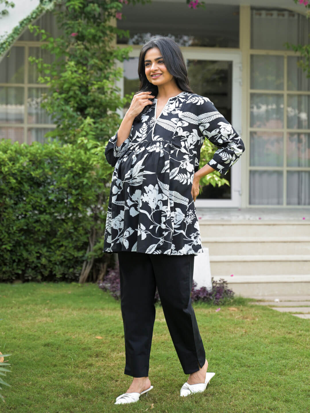 Black White Floral Print Cotton Maternity Feeding-Friendly Top