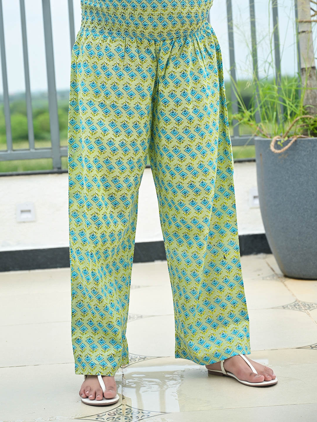 Pista Green Ethnic Print Maternity & Feeding Kaftan Night Suit with Concealed Zipper
