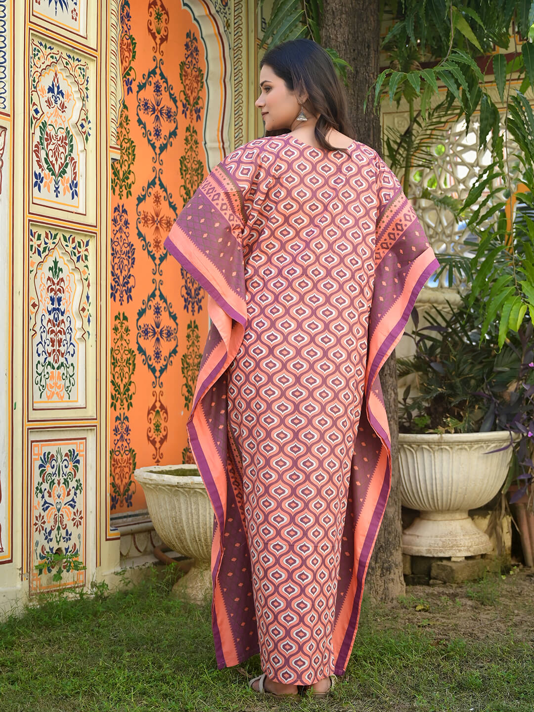 Peach Purple Geometric Print Maternity & Feeding Kaftan Dress with Concealed Zipper