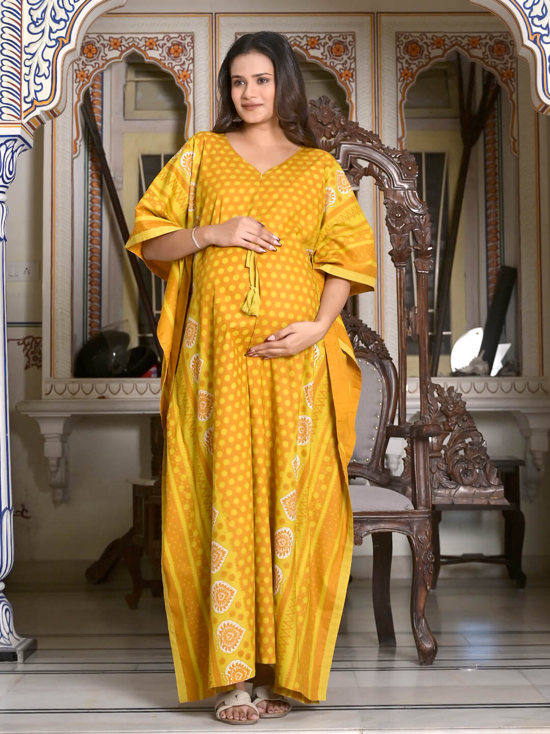 Rust Geometric Print Maternity & Feeding Kaftan Dress with Concealed Zipper