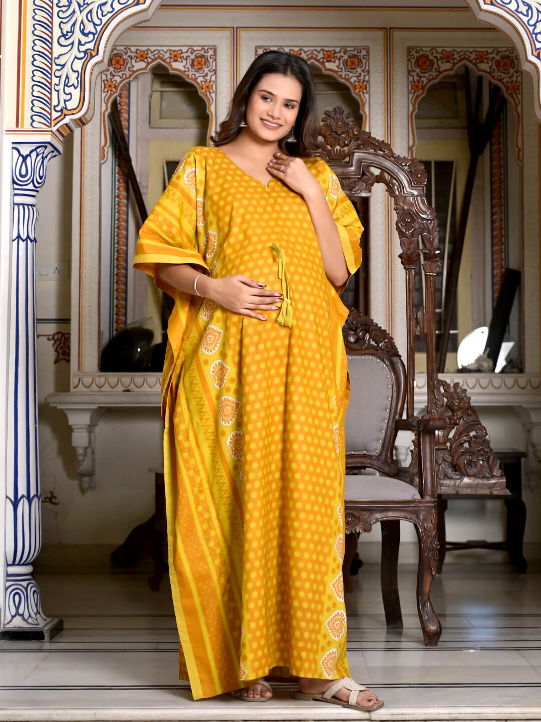 Rust Geometric Print Maternity & Feeding Kaftan Dress with Concealed Zipper