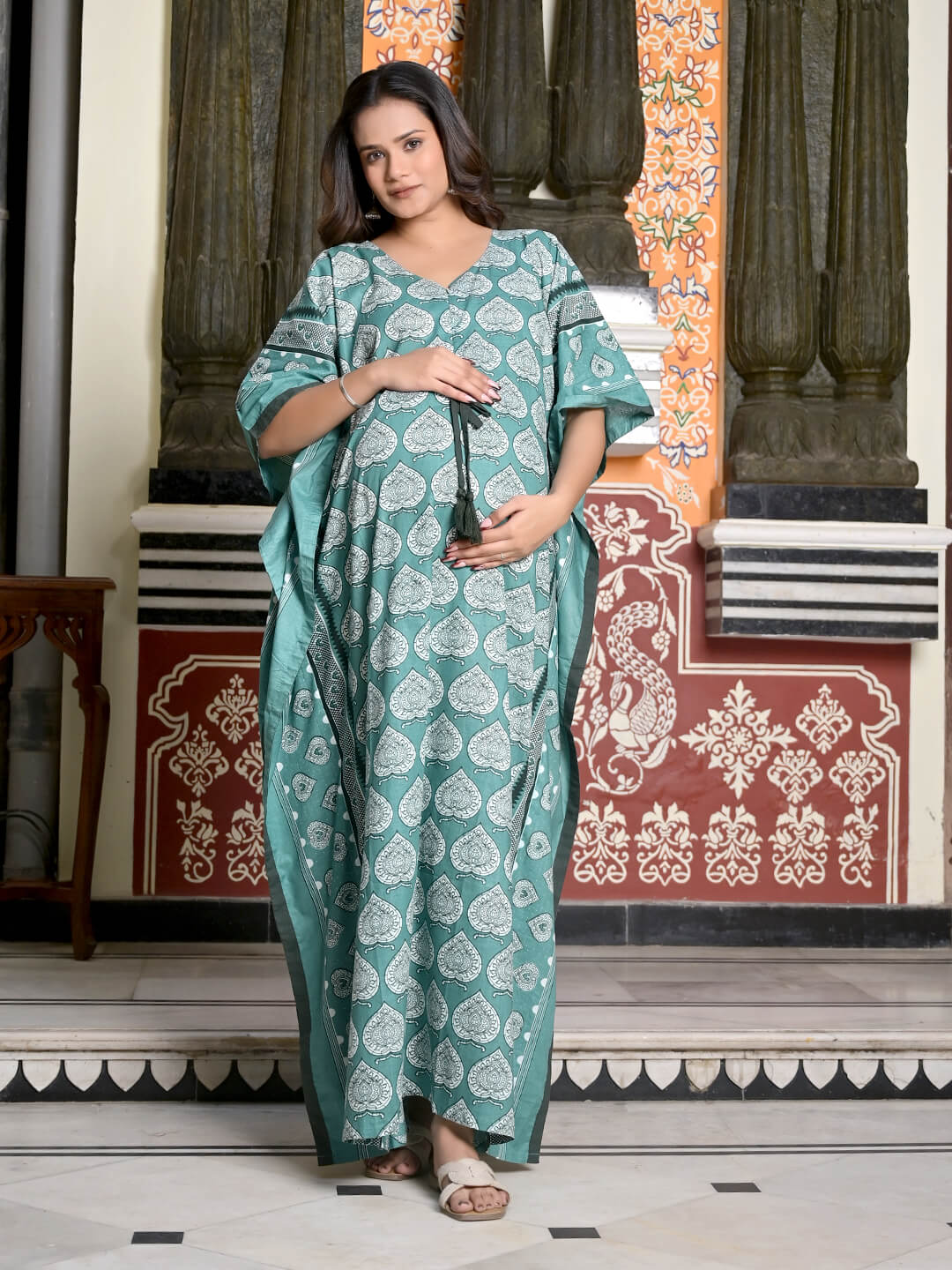 sage Green Ethnic Print Maternity & Feeding Kaftan Dress with Concealed Zipper