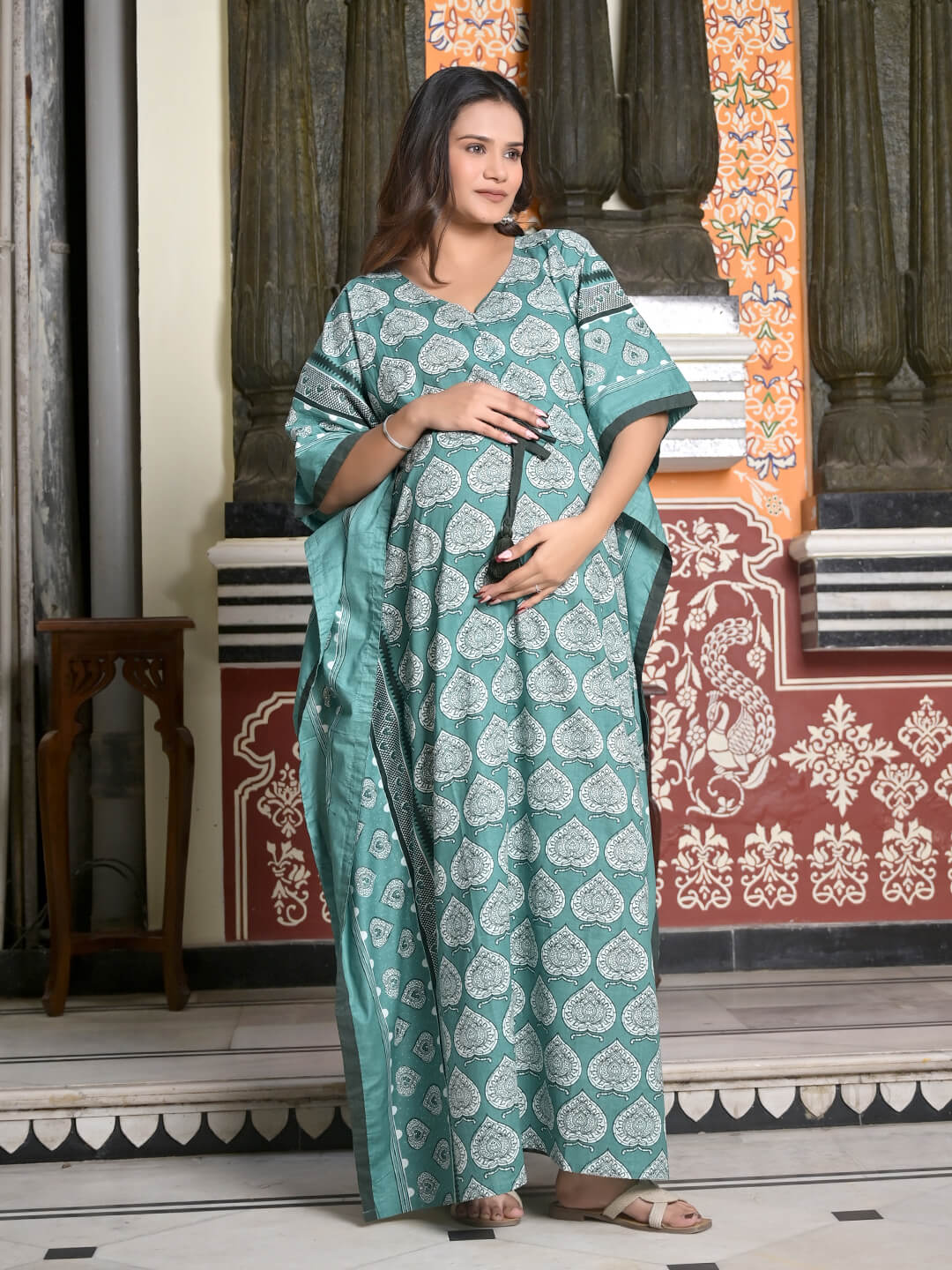 sage Green Ethnic Print Maternity & Feeding Kaftan Dress with Concealed Zipper