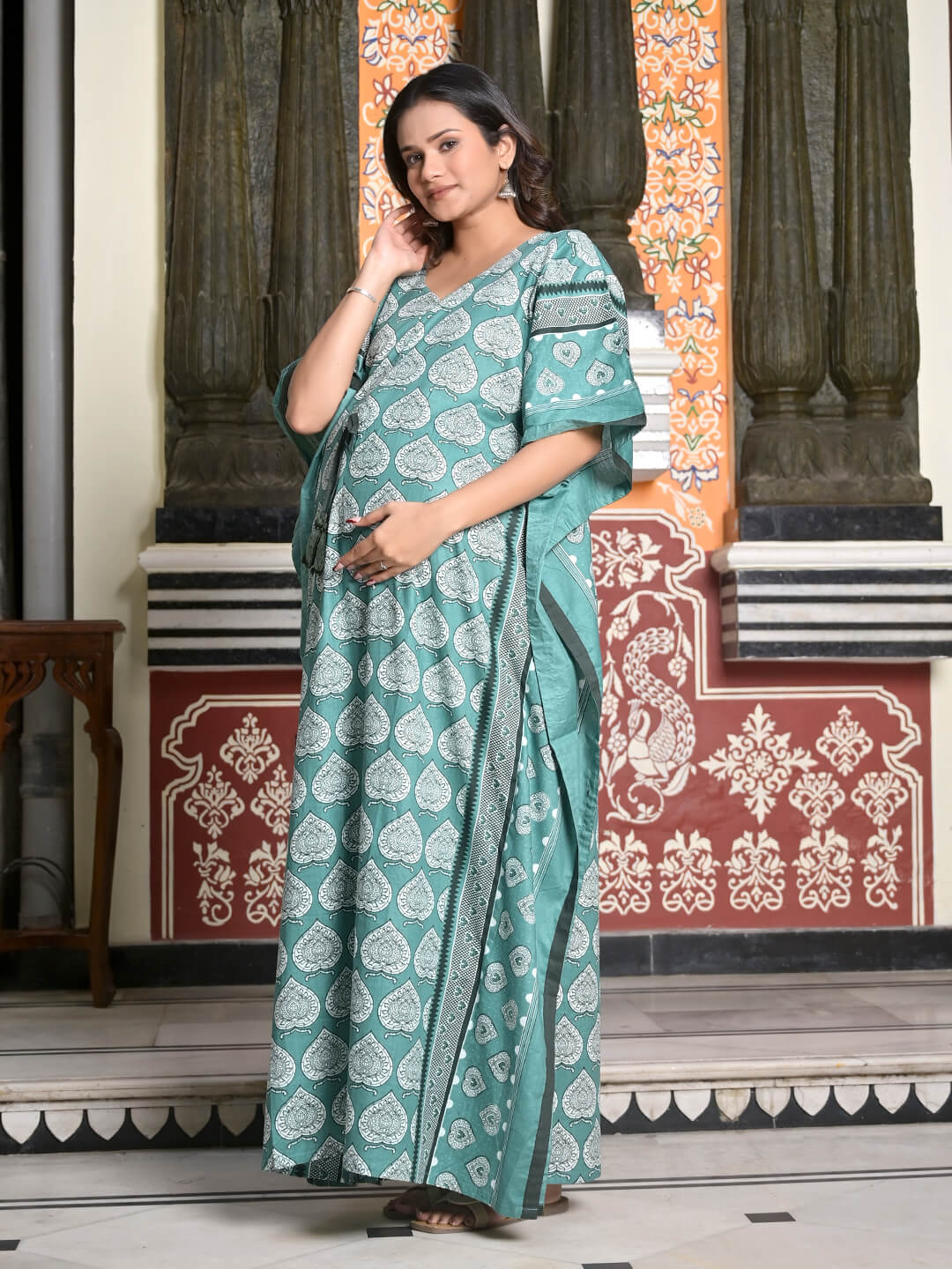 sage Green Ethnic Print Maternity & Feeding Kaftan Dress with Concealed Zipper