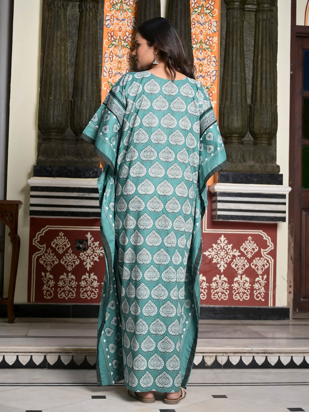 sage Green Ethnic Print Maternity & Feeding Kaftan Dress with Concealed Zipper