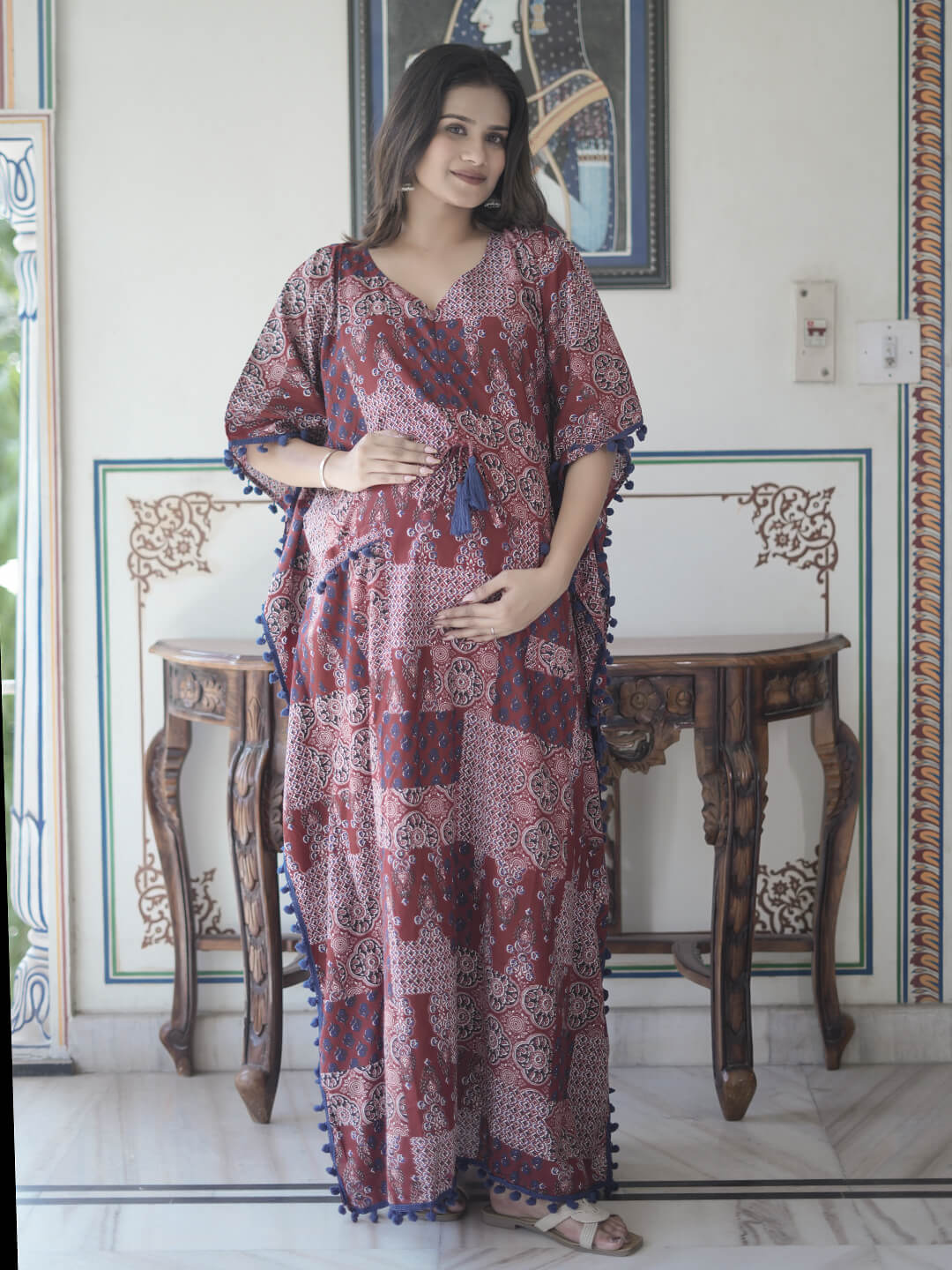 Maroon Ethnic Print Maternity & Feeding Kaftan Dress with Concealed Zipper