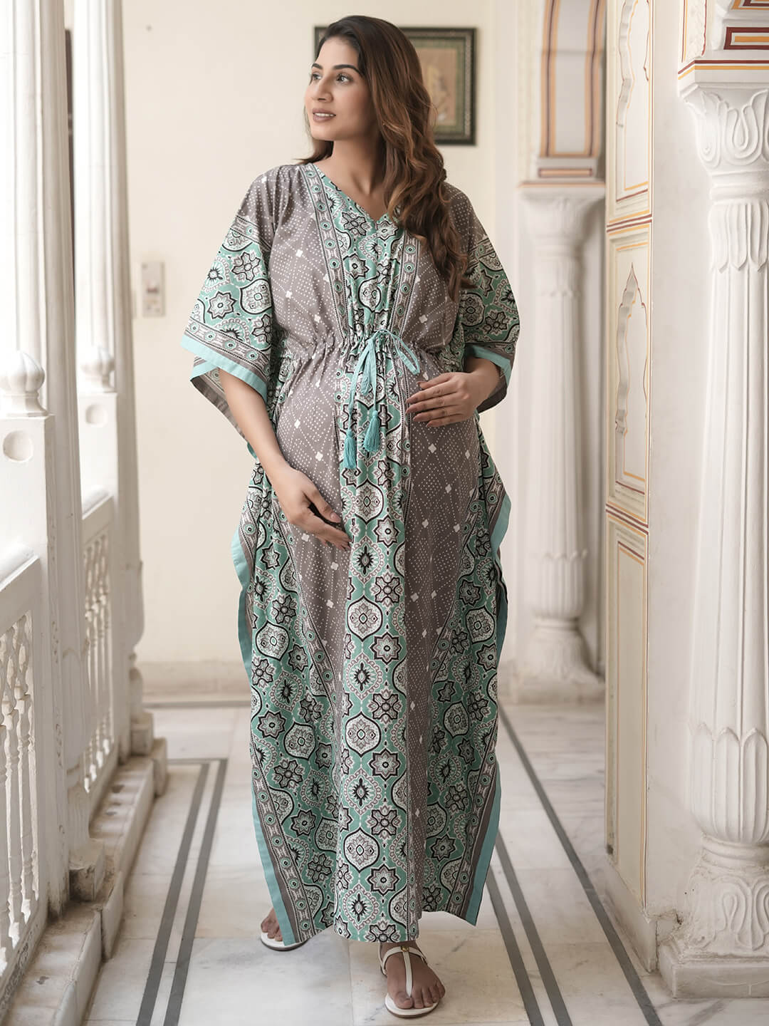 Grey Teal Ethnic Print Maternity & Feeding Kaftan Dress with Concealed Zipper