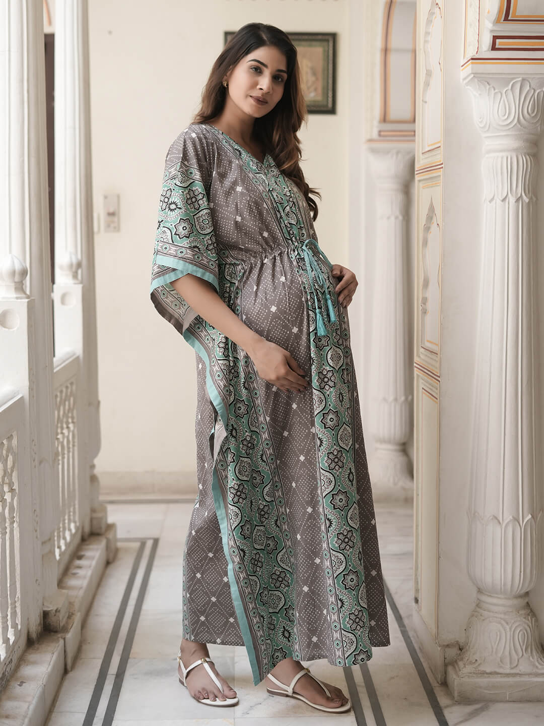 Grey Teal Ethnic Print Maternity & Feeding Kaftan Dress with Concealed Zipper