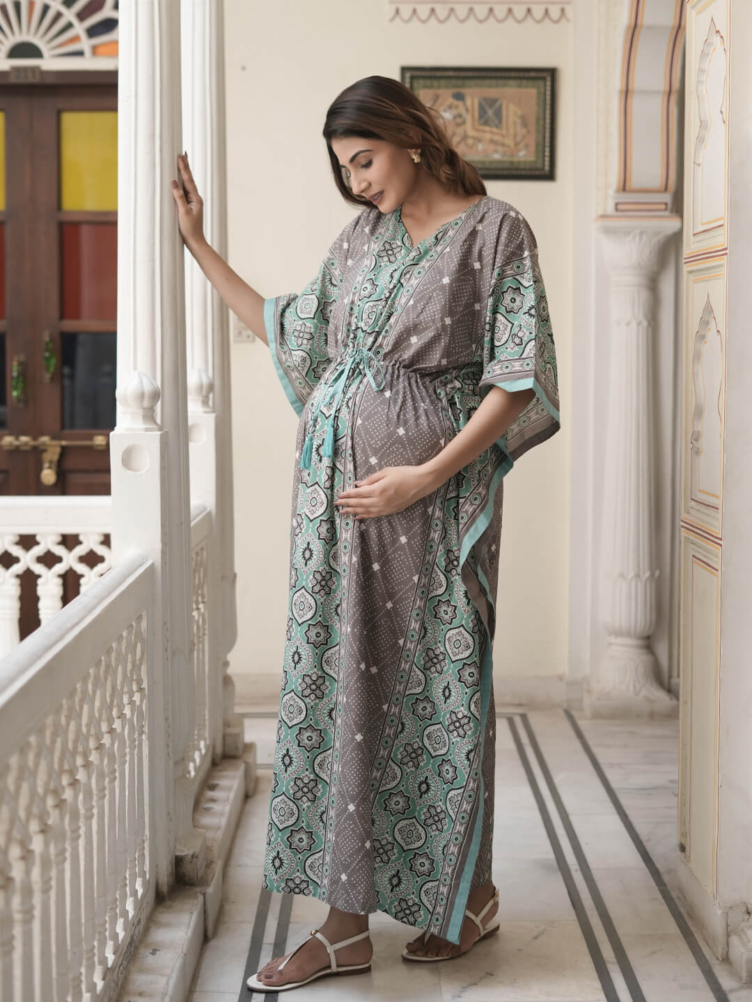 Grey Teal Ethnic Print Maternity & Feeding Kaftan Dress with Concealed Zipper