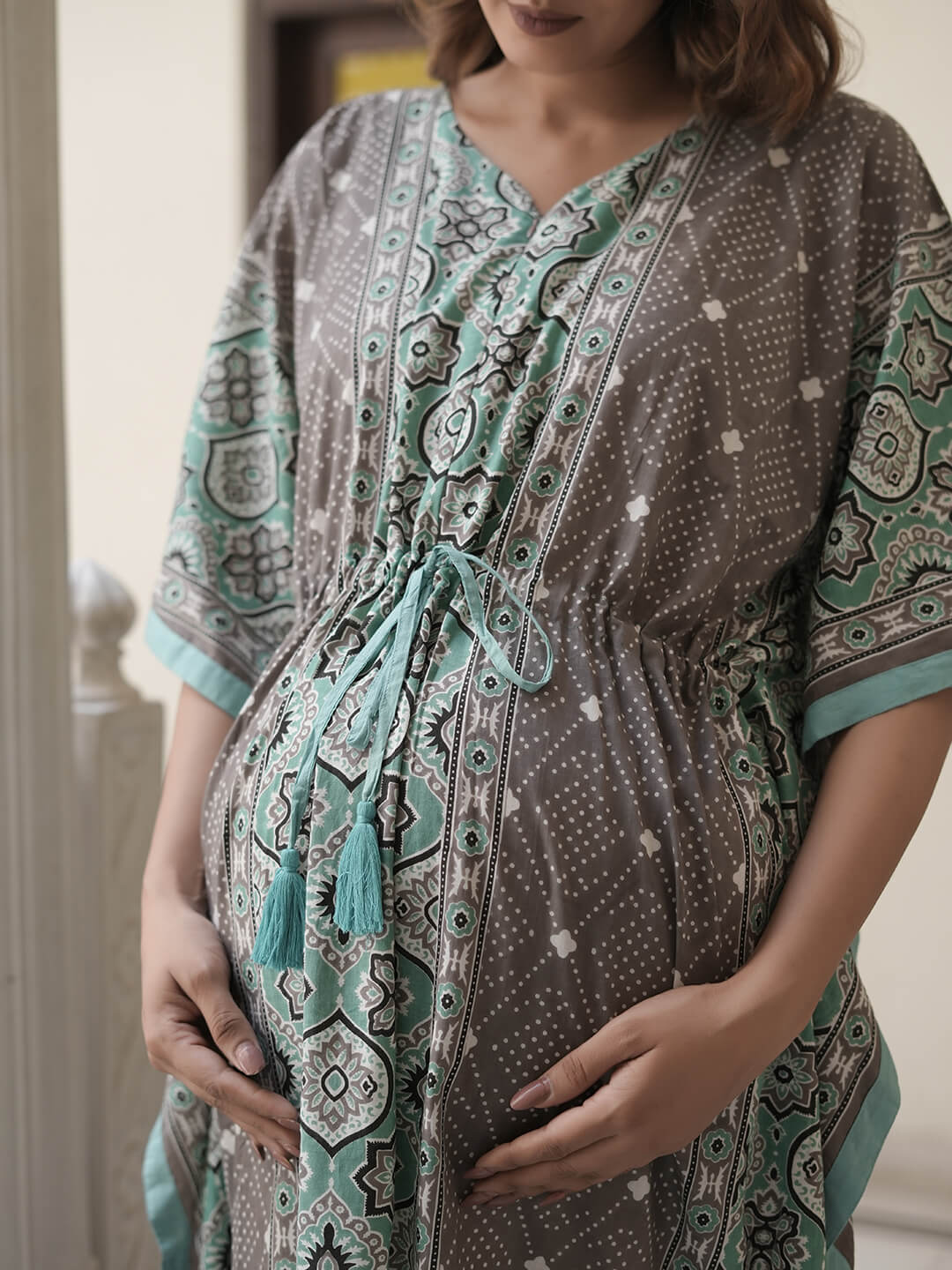 Grey Teal Ethnic Print Maternity & Feeding Kaftan Dress with Concealed Zipper