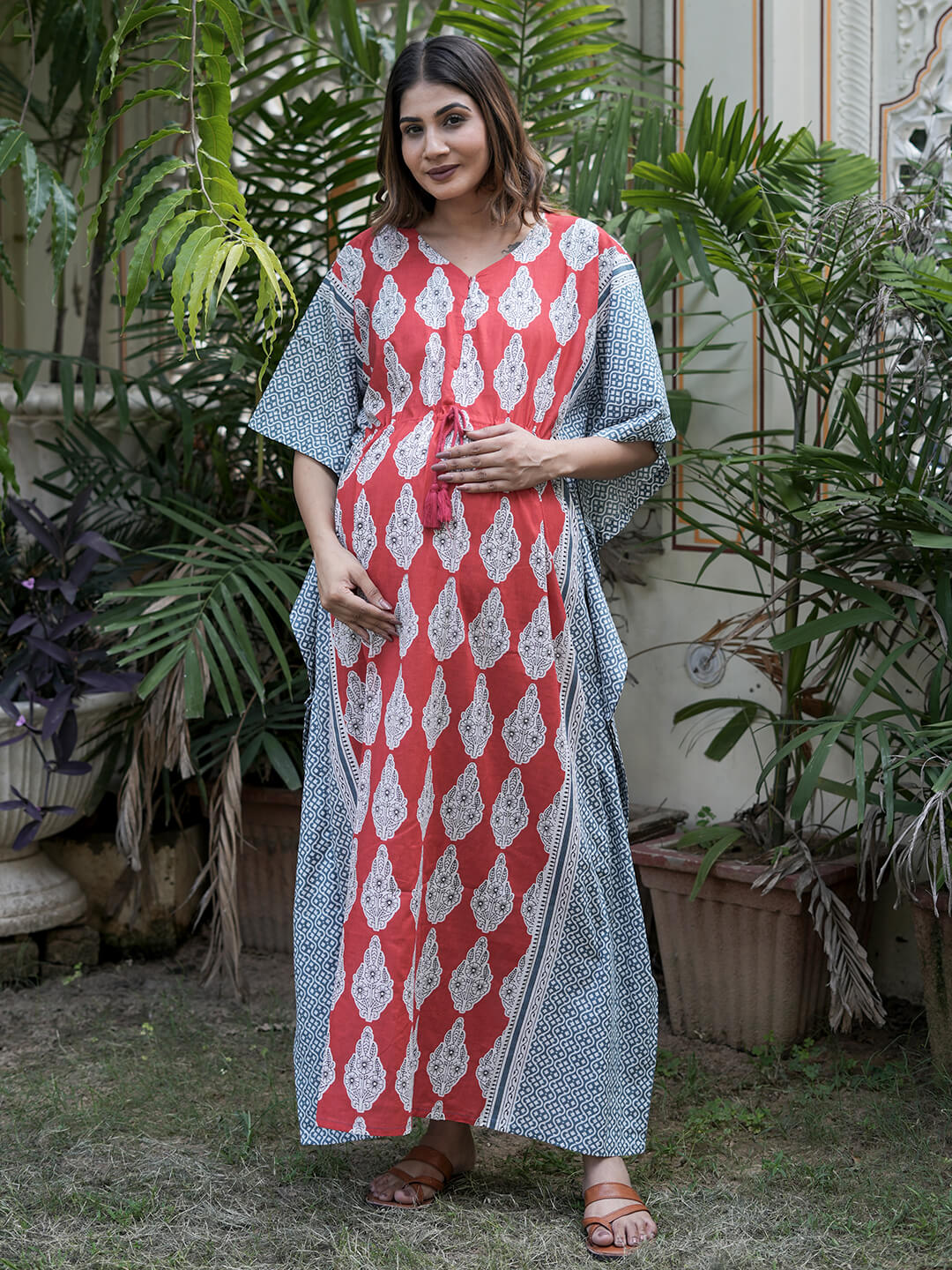 Red Grey Ethnic Print Maternity & Feeding Kaftan Dress with Concealed Zipper