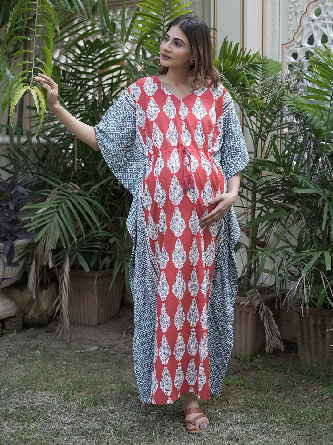 Red Grey Ethnic Print Maternity & Feeding Kaftan Dress with Concealed Zipper