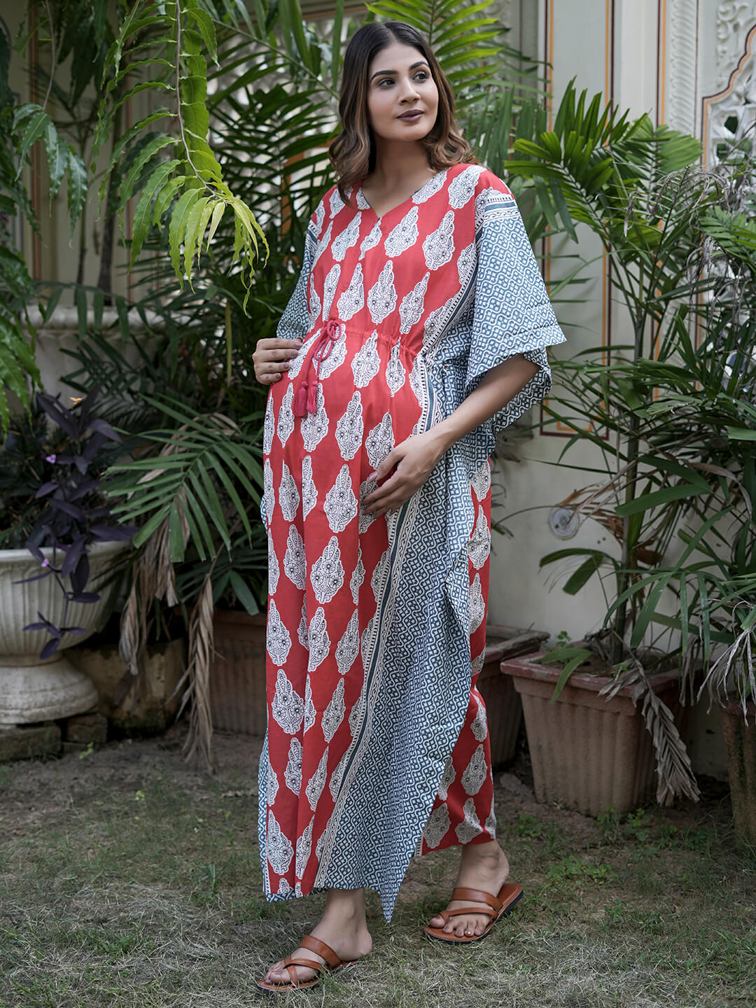Red Grey Ethnic Print Maternity & Feeding Kaftan Dress with Concealed Zipper