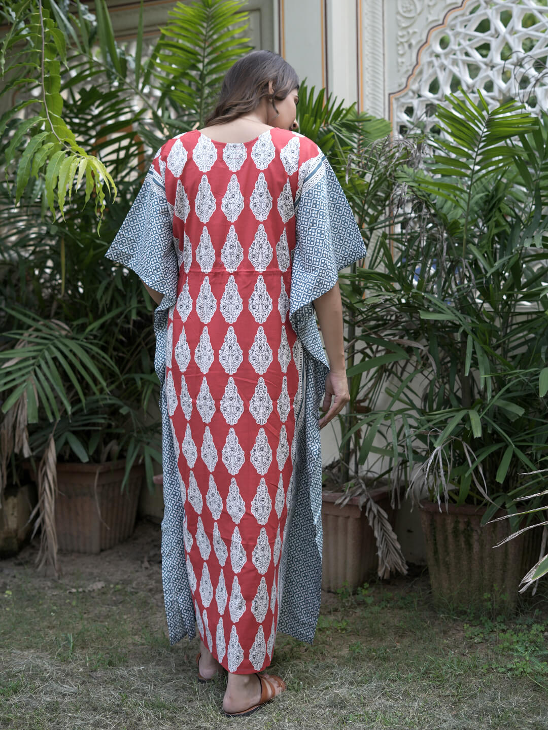 Red Grey Ethnic Print Maternity & Feeding Kaftan Dress with Concealed Zipper