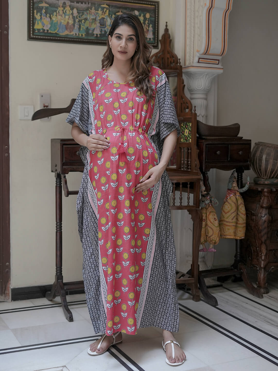 Peach Black Ethnic Print Maternity & Feeding Kaftan Dress with Concealed Zipper