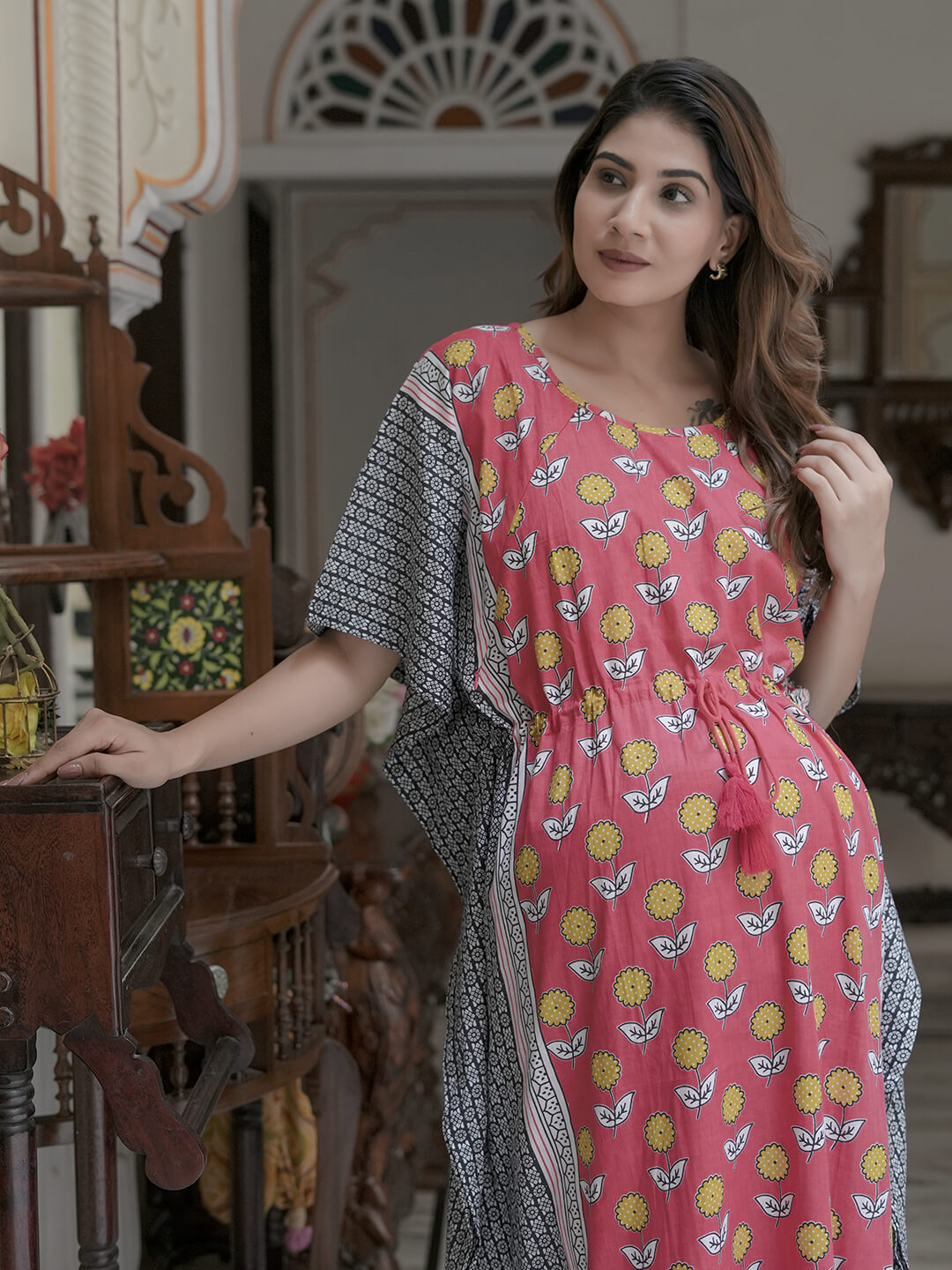 Peach Black Ethnic Print Maternity & Feeding Kaftan Dress with Concealed Zipper