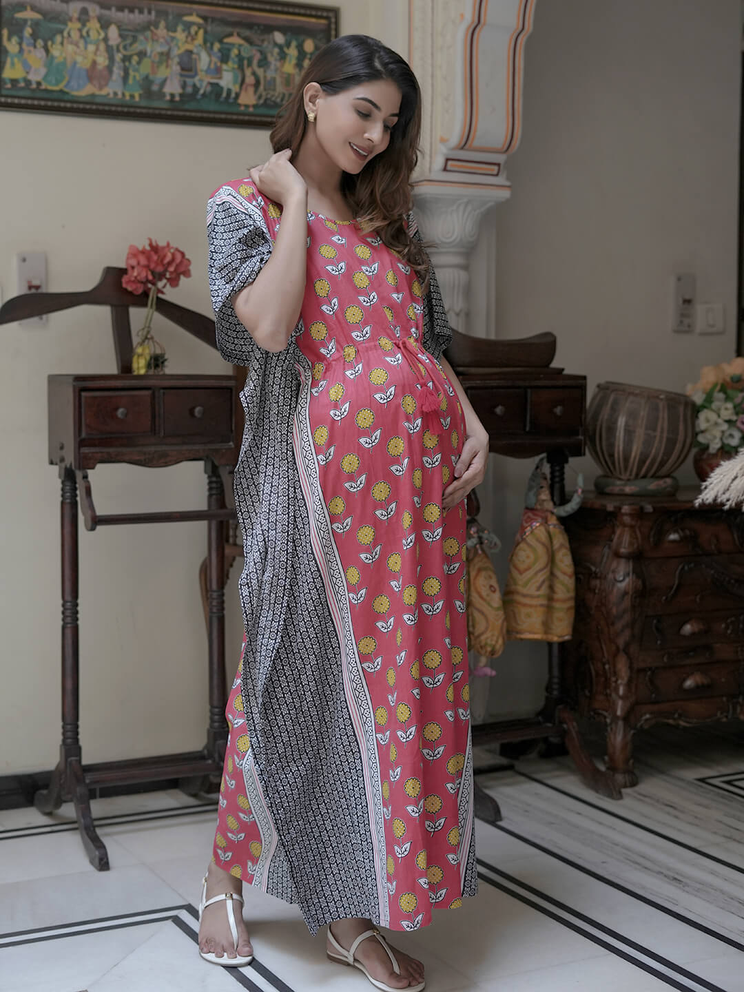 Peach Black Ethnic Print Maternity & Feeding Kaftan Dress with Concealed Zipper
