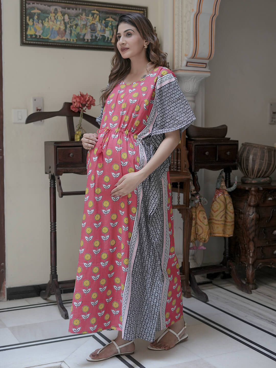 Peach Black Ethnic Print Maternity & Feeding Kaftan Dress with Concealed Zipper
