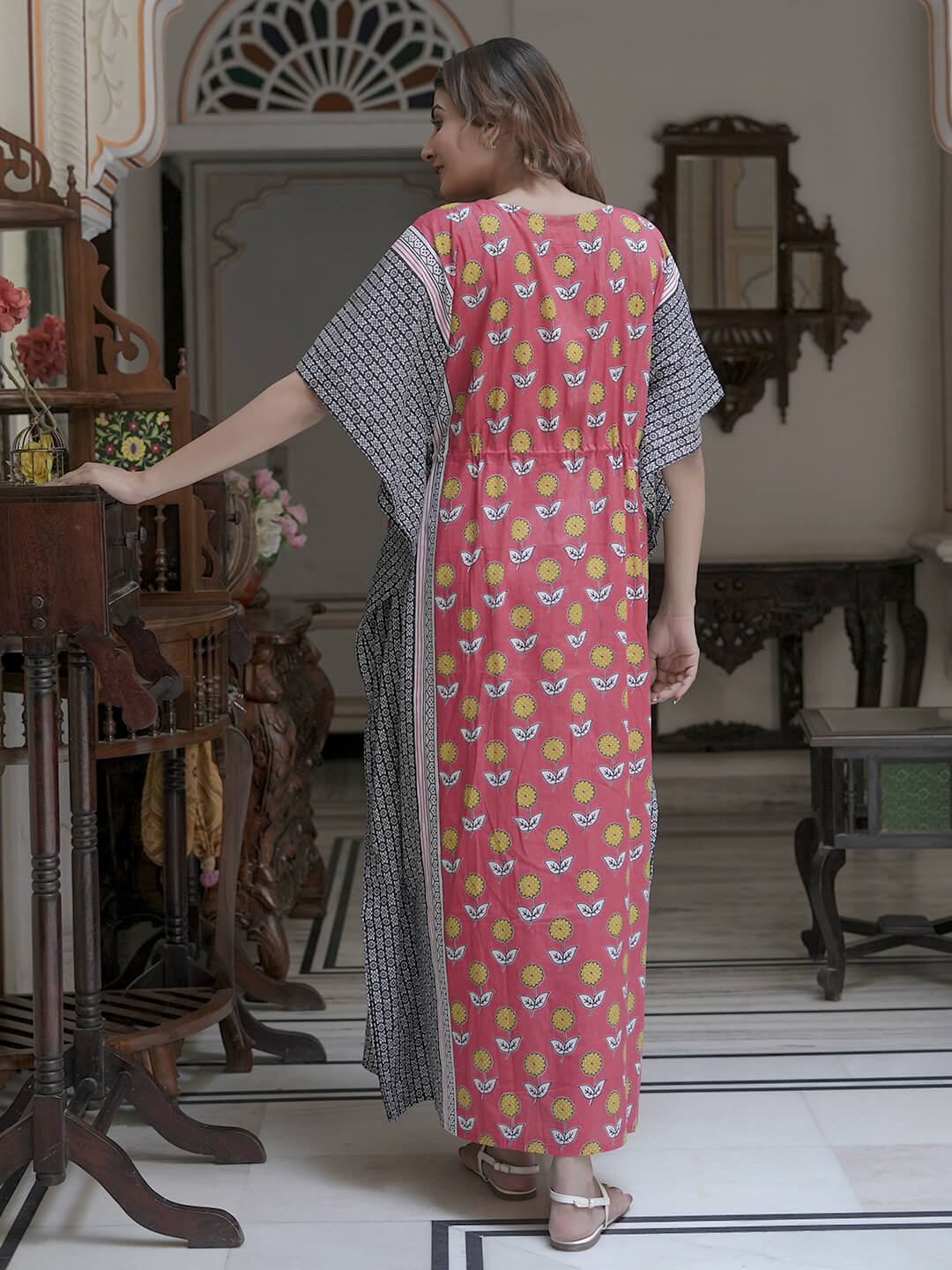 Peach Black Ethnic Print Maternity & Feeding Kaftan Dress with Concealed Zipper