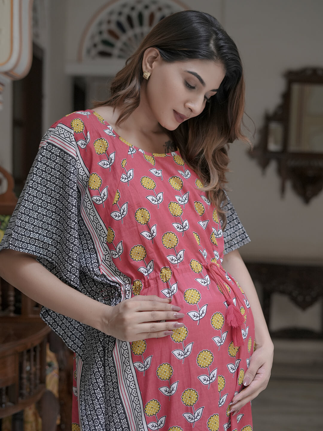Peach Black Ethnic Print Maternity & Feeding Kaftan Dress with Concealed Zipper