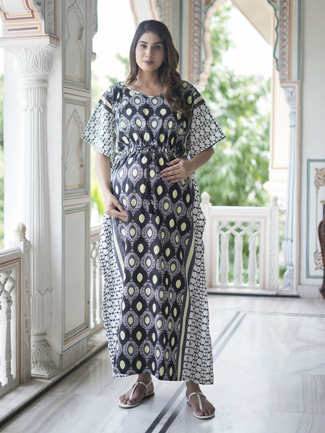 Black White Geometric Print Maternity & Feeding Kaftan Dress with Concealed Zipper