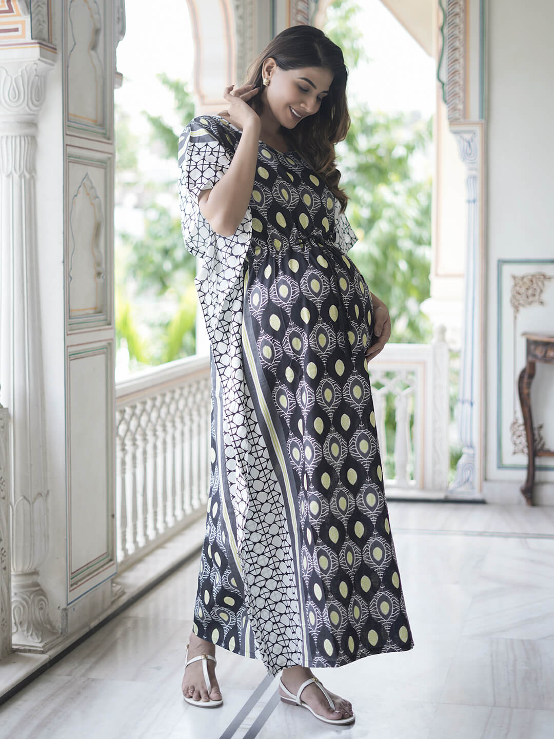Black White Geometric Print Maternity & Feeding Kaftan Dress with Concealed Zipper