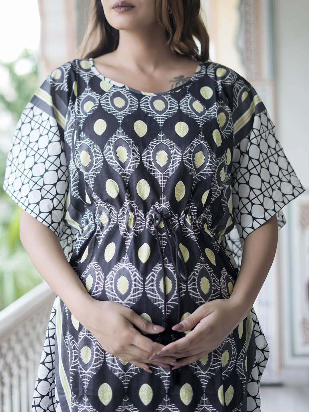 Black White Geometric Print Maternity & Feeding Kaftan Dress with Concealed Zipper