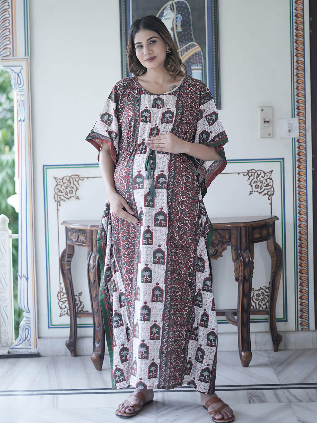 Bottle Green Ethnic Print Maternity & Feeding Kaftan Dress with Concealed Zipper