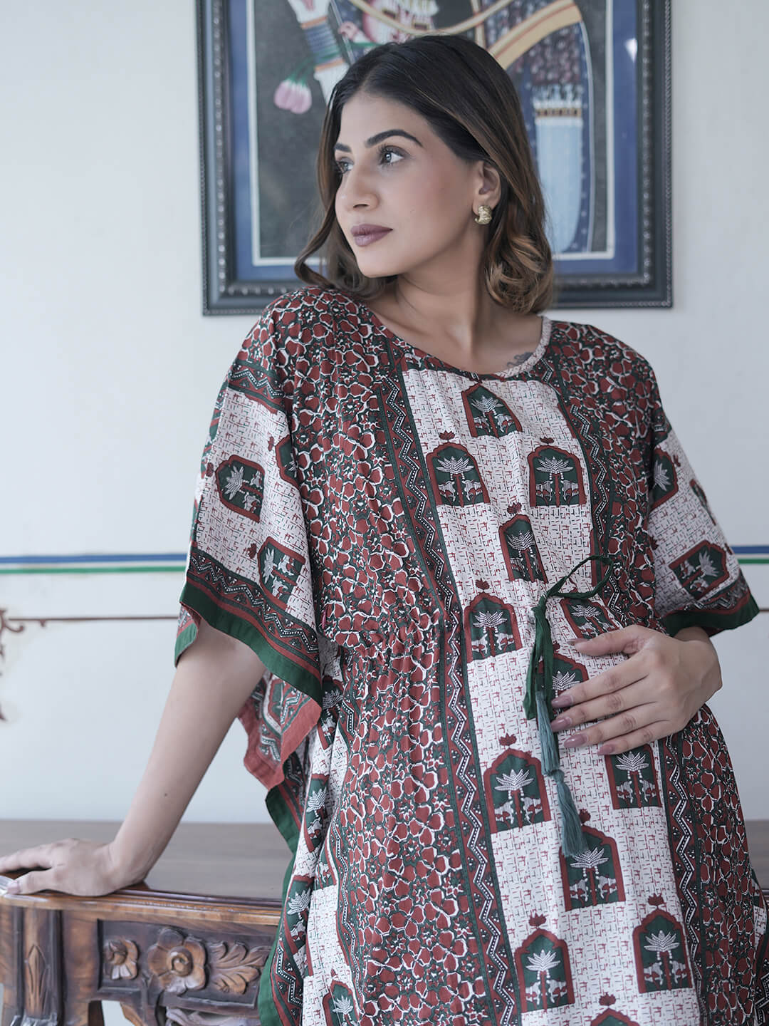 Bottle Green Ethnic Print Maternity & Feeding Kaftan Dress with Concealed Zipper