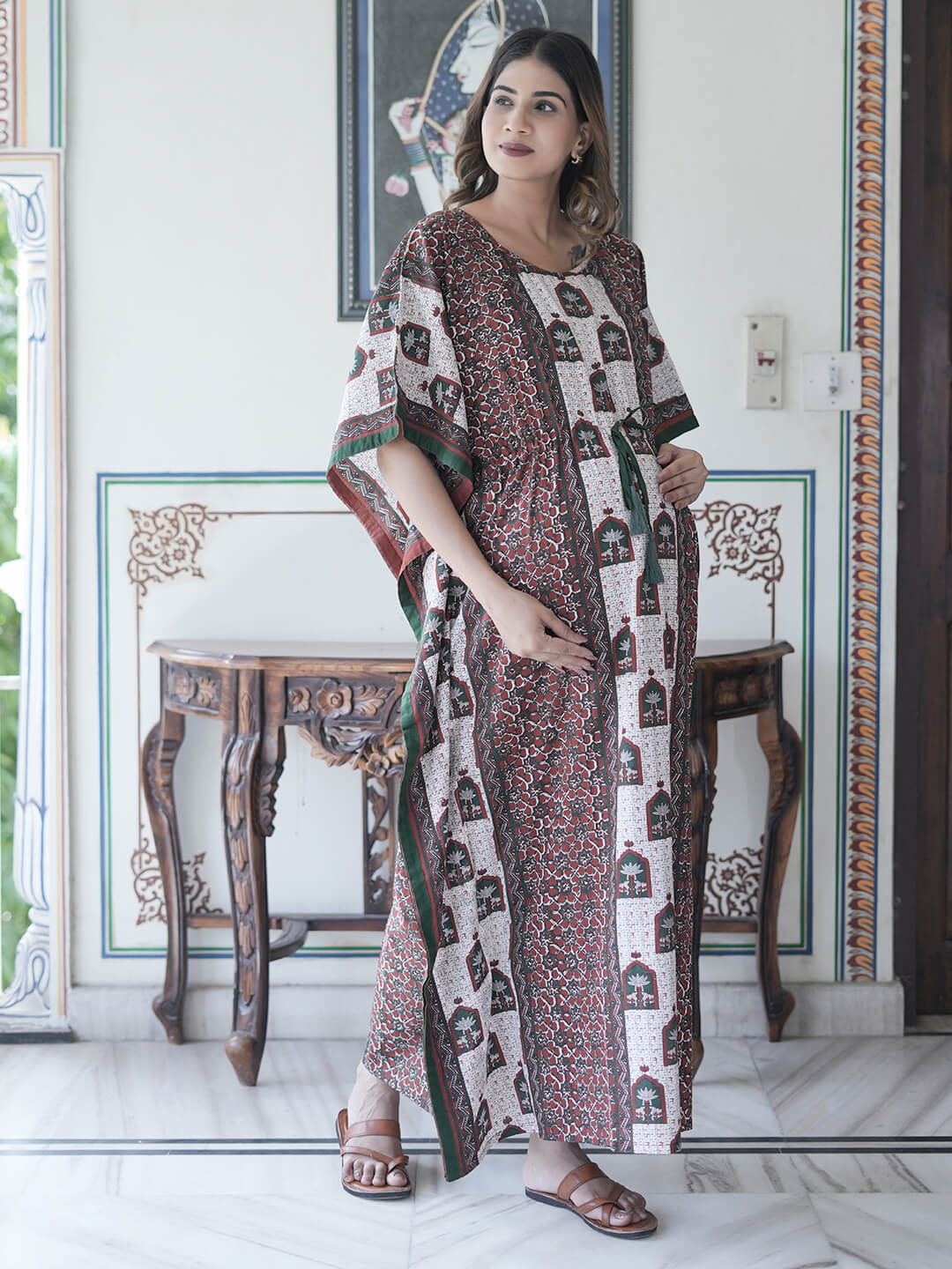 Bottle Green Ethnic Print Maternity & Feeding Kaftan Dress with Concealed Zipper