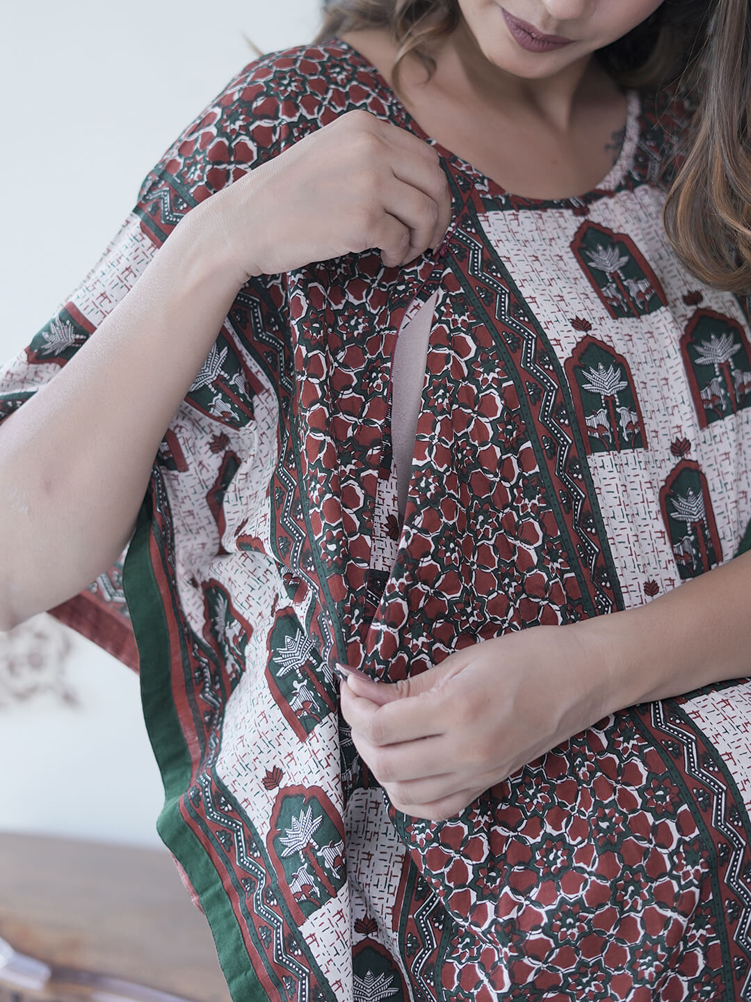 Bottle Green Ethnic Print Maternity & Feeding Kaftan Dress with Concealed Zipper