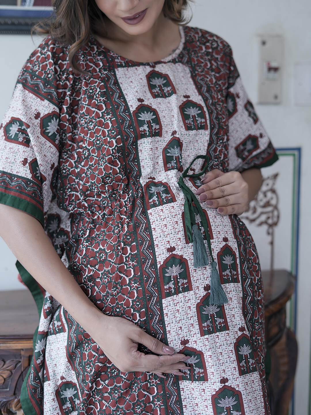 Bottle Green Ethnic Print Maternity & Feeding Kaftan Dress with Concealed Zipper