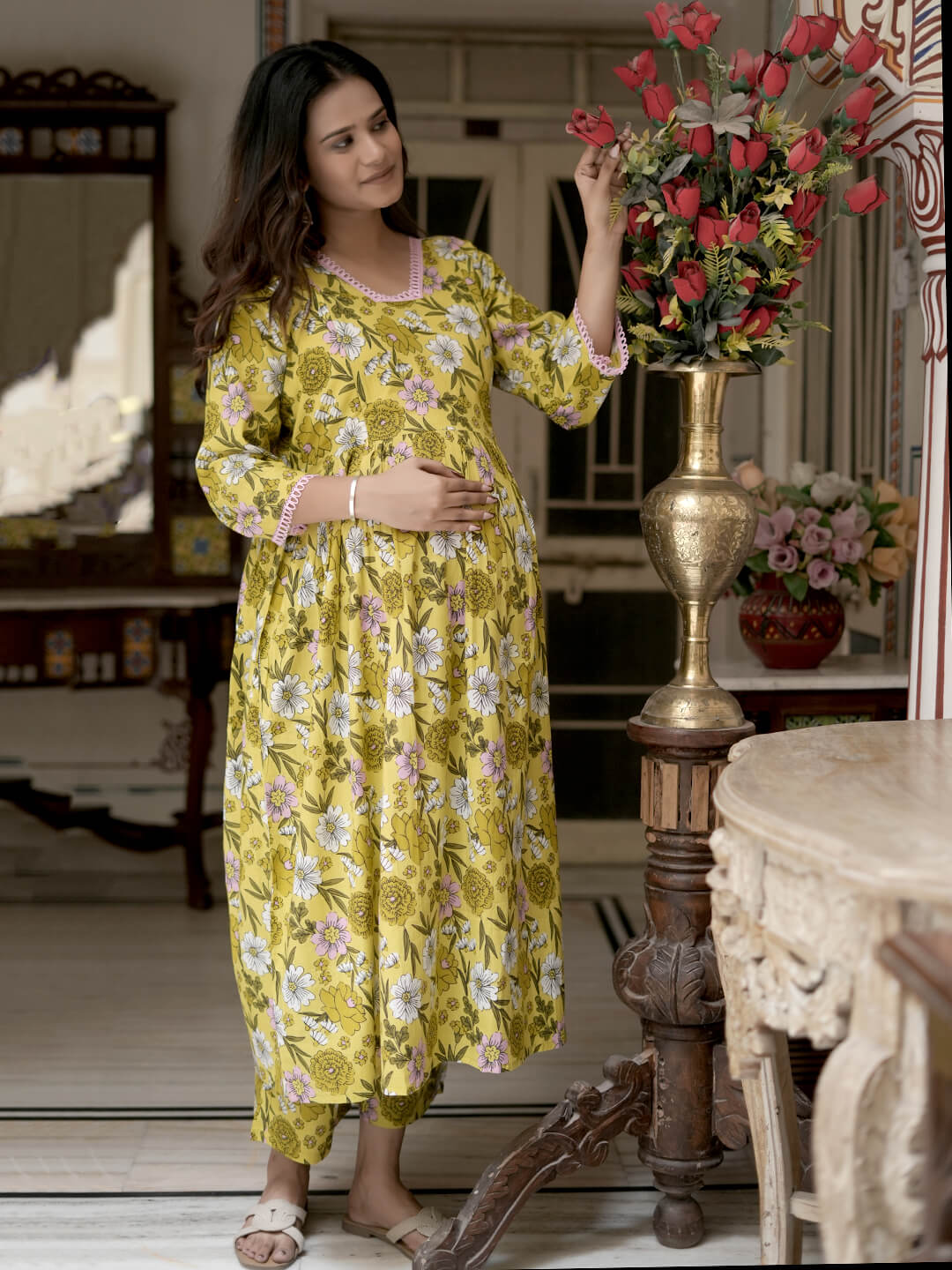 Yellow Multi Floral Print Cotton Maternity & Feeding-Friendly Flare Kurta Set