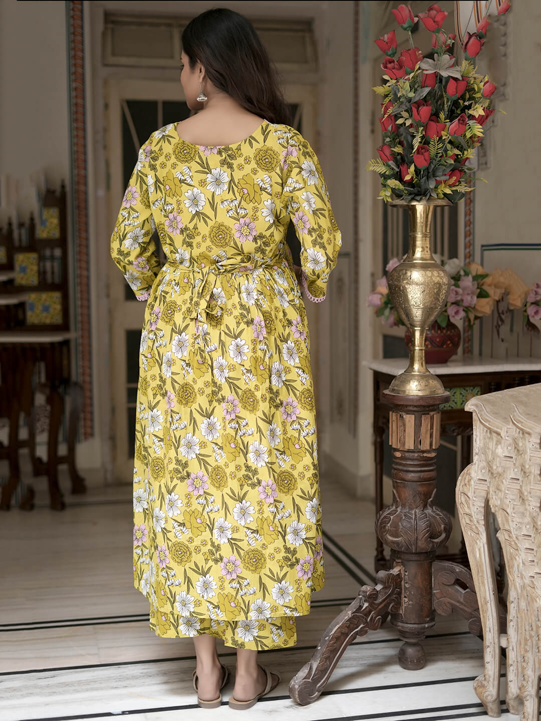 Yellow Multi Floral Print Cotton Maternity & Feeding-Friendly Flare Kurta Set