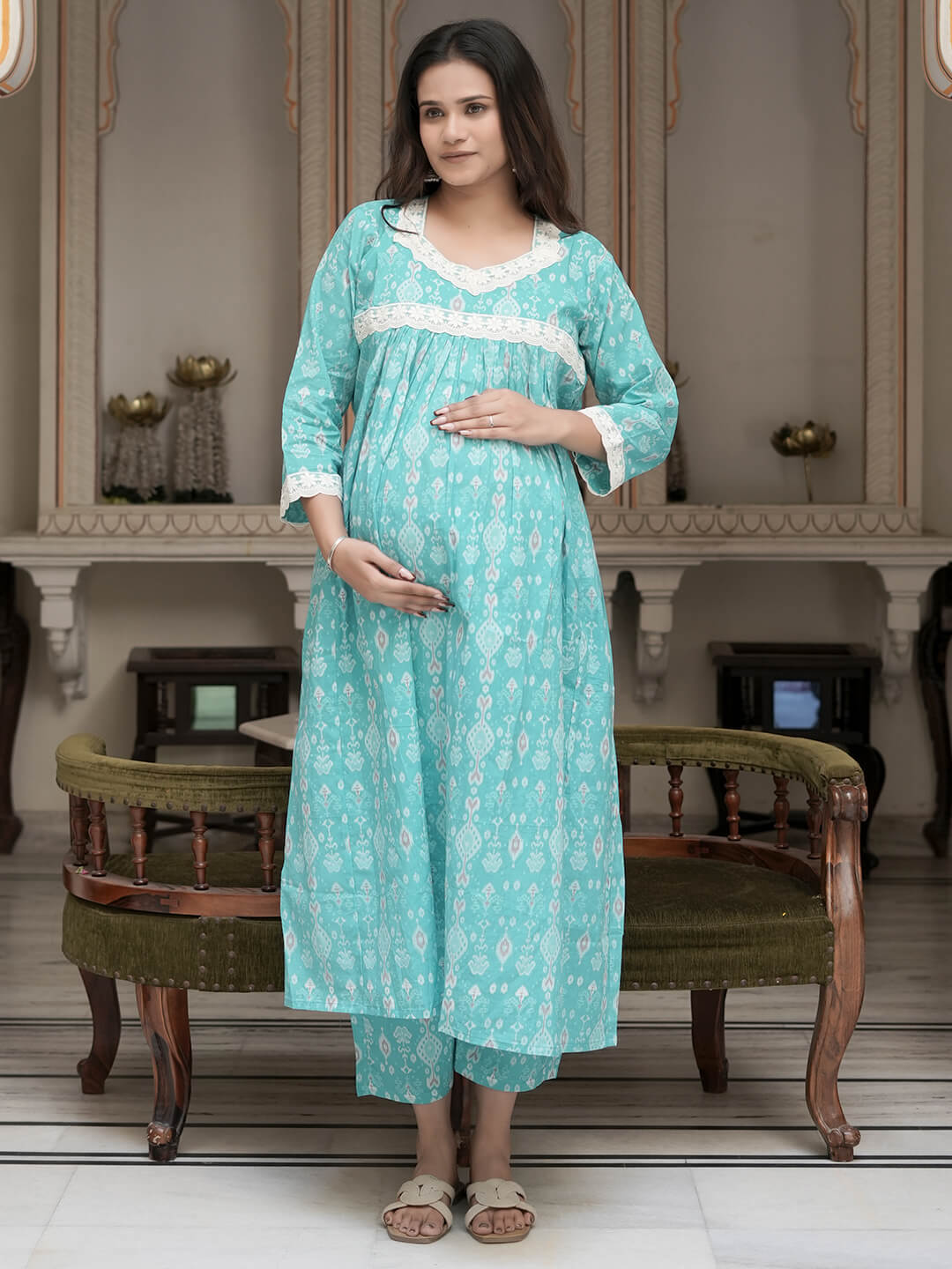 Turquoise Blue Geometric Print Cotton Maternity & Feeding Flare Kurta Set with Concealed Zipper