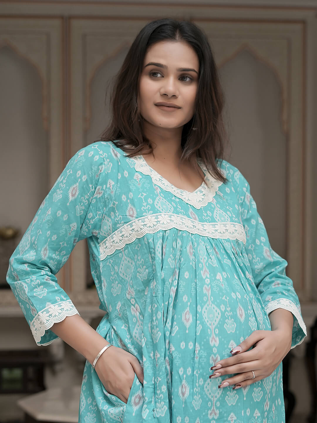 Turquoise Blue Geometric Print Cotton Maternity & Feeding Flare Kurta Set with Concealed Zipper