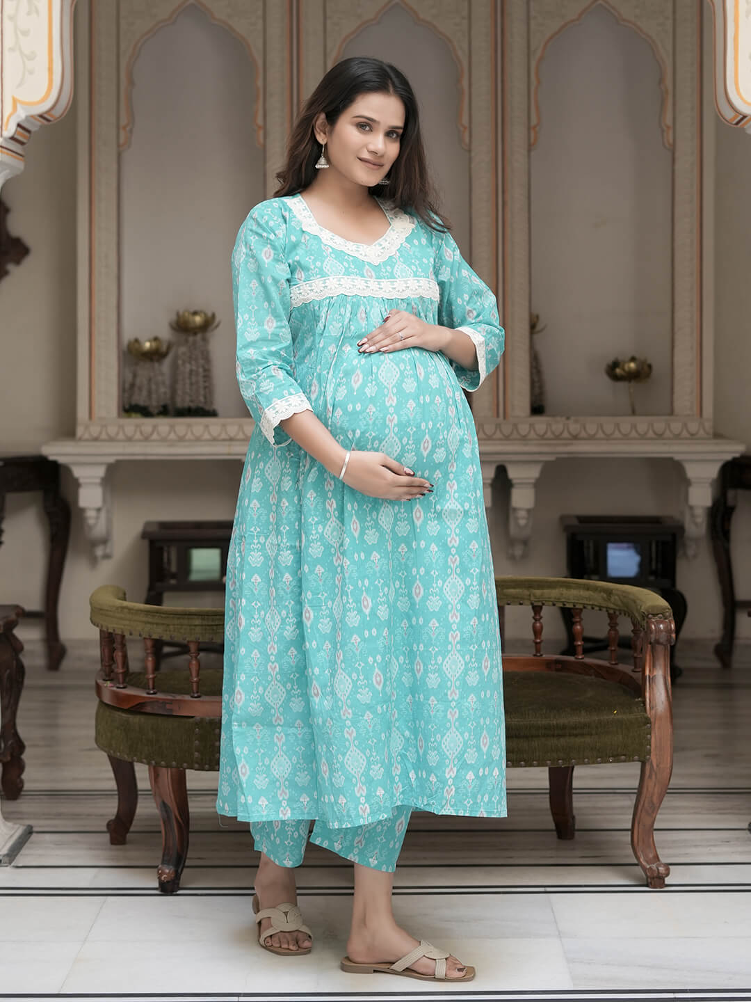 Turquoise Blue Geometric Print Cotton Maternity & Feeding Flare Kurta Set with Concealed Zipper