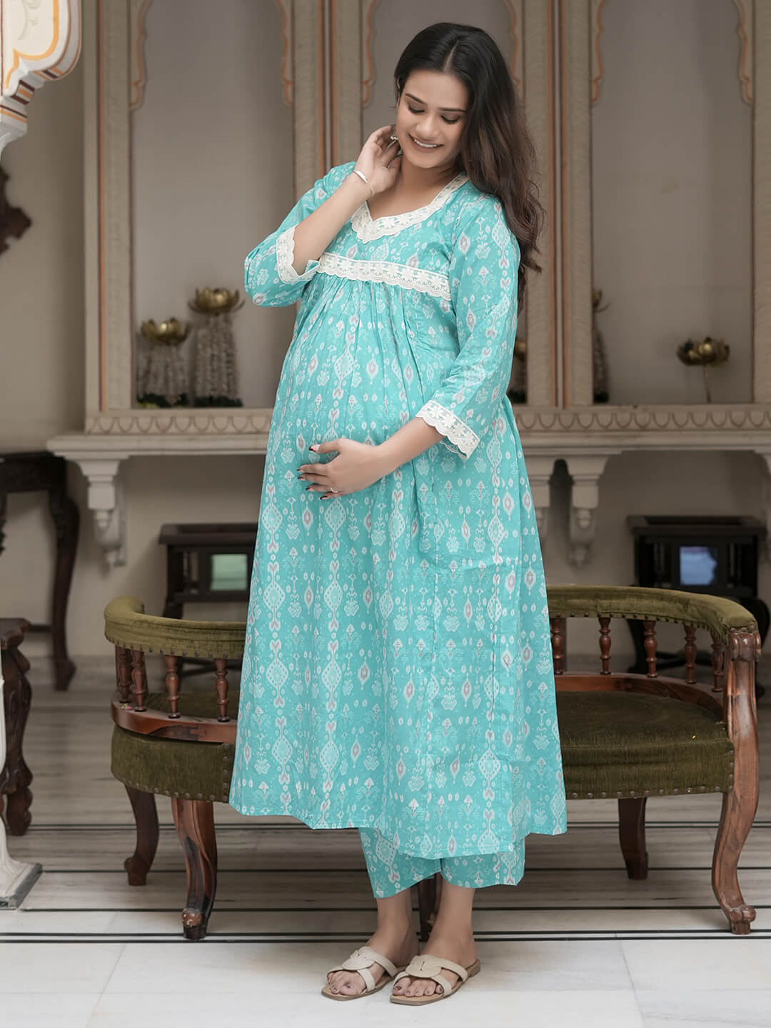 Turquoise Blue Geometric Print Cotton Maternity & Feeding Flare Kurta Set with Concealed Zipper