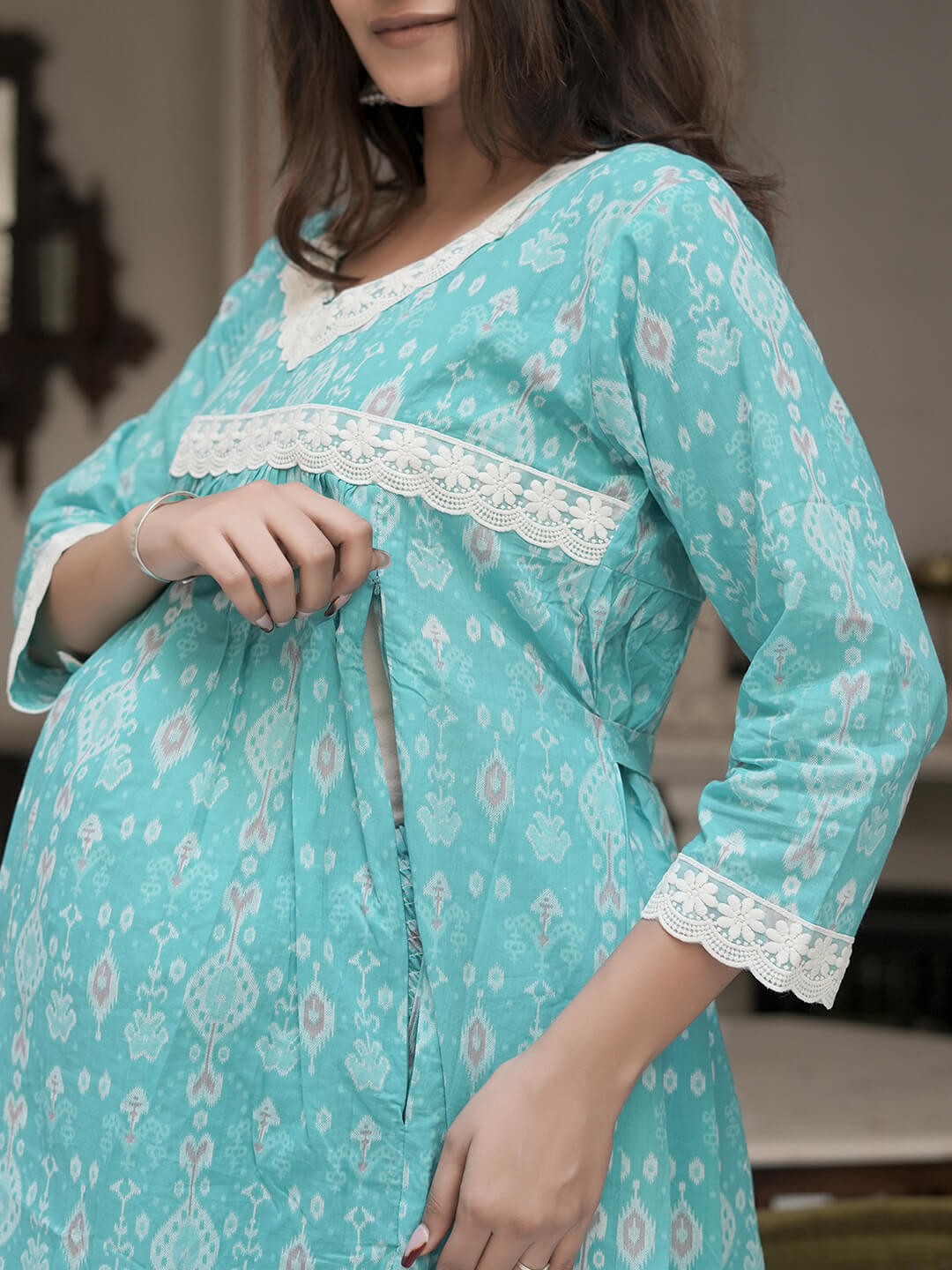 Turquoise Blue Geometric Print Cotton Maternity & Feeding Flare Kurta Set with Concealed Zipper