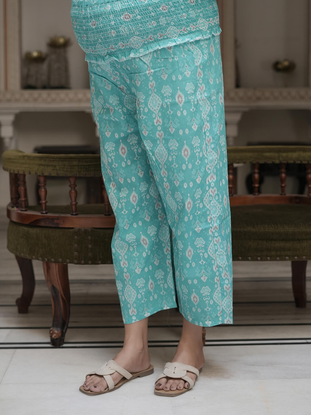 Turquoise Blue Geometric Print Cotton Maternity & Feeding Flare Kurta Set with Concealed Zipper