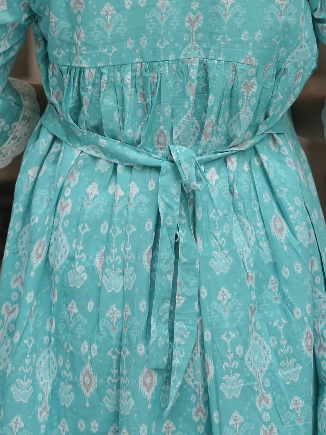 Turquoise Blue Geometric Print Cotton Maternity & Feeding Flare Kurta Set with Concealed Zipper
