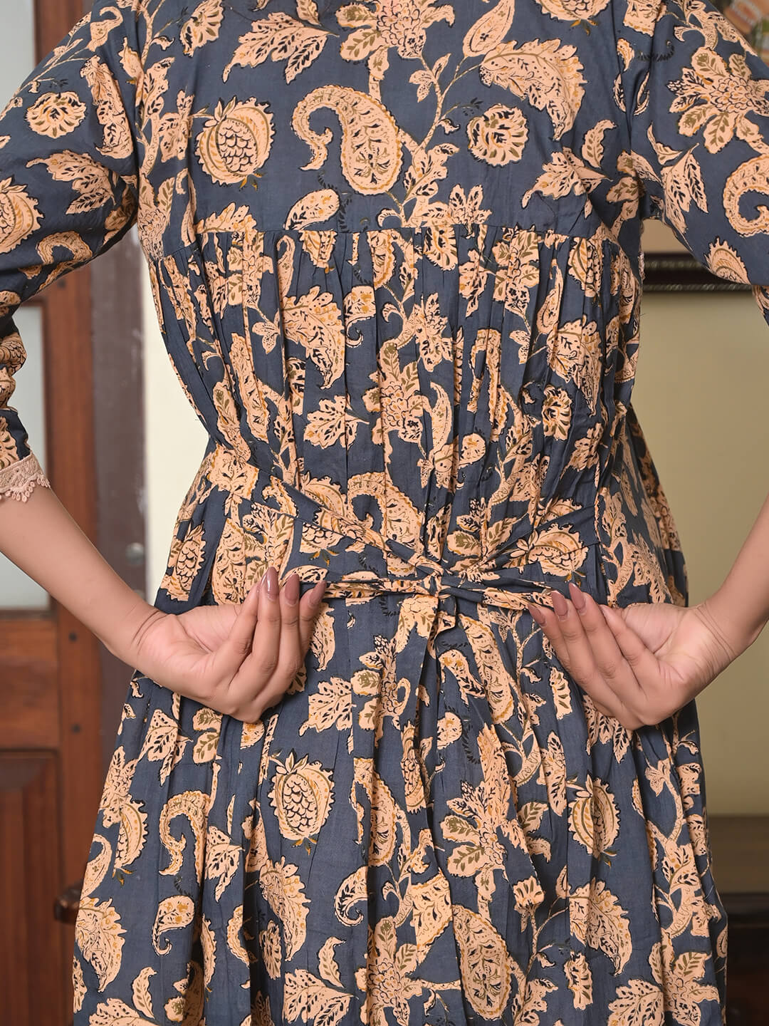 Grey Gold Ethnic Print Cotton Maternity & Feeding Flare Kurta Set with Concealed Zipper