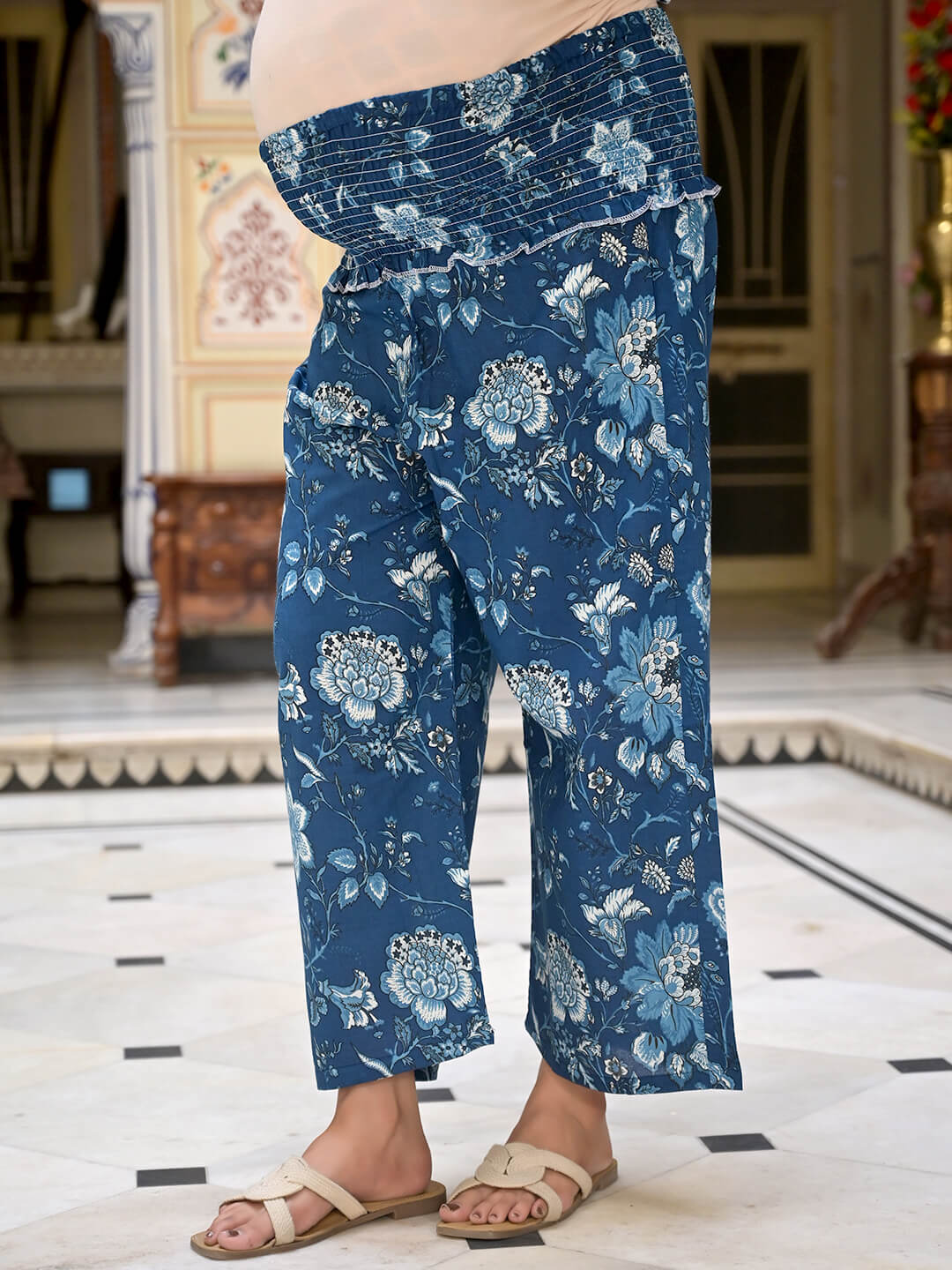 Indigo Floral Print Cotton Maternity & Feeding Flare Kurta Set with Concealed Zipper