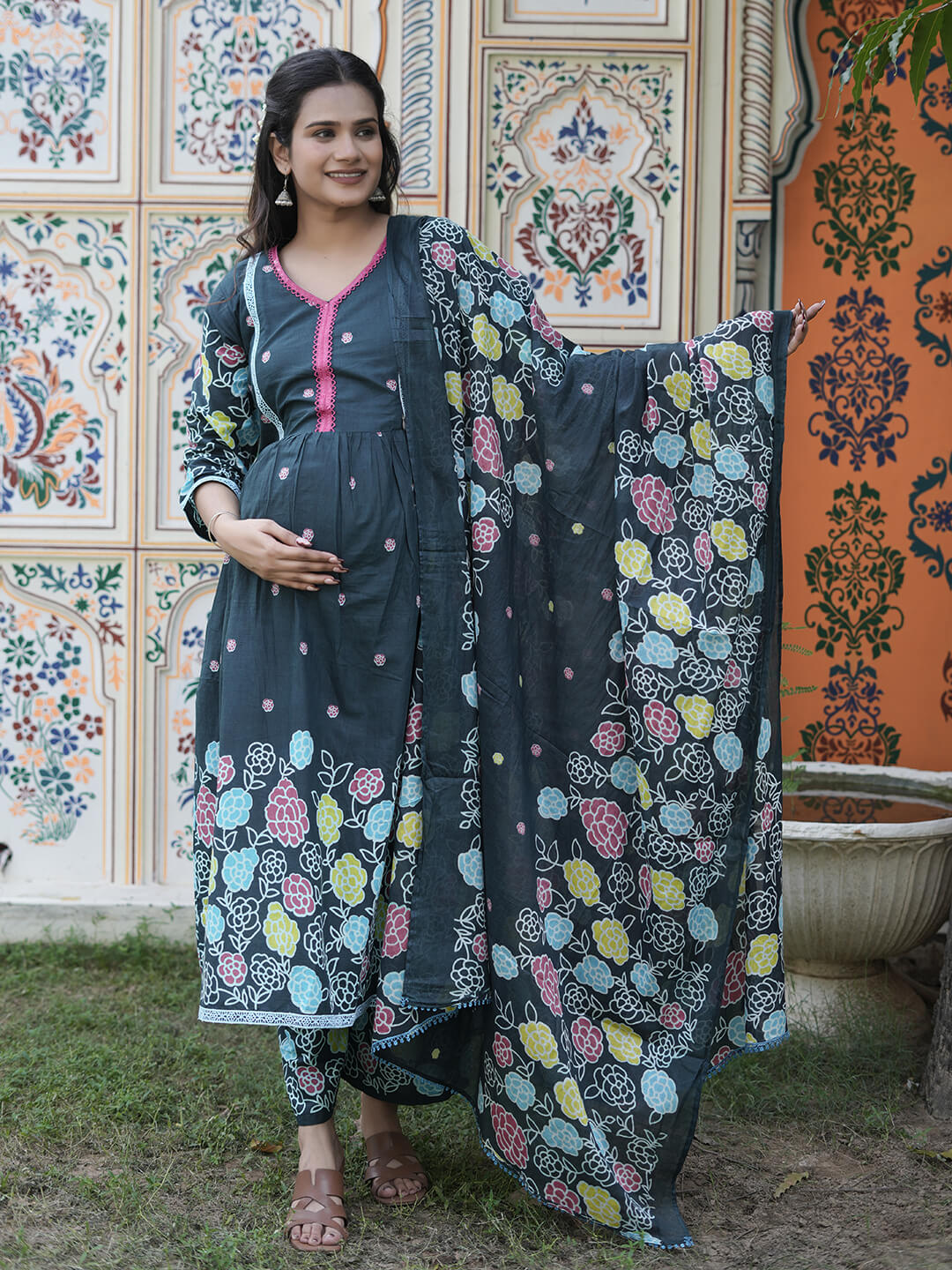 Teal Green Floral Print Cotton Maternity & Feeding-Friendly Flare Kurta Set with Dupatta