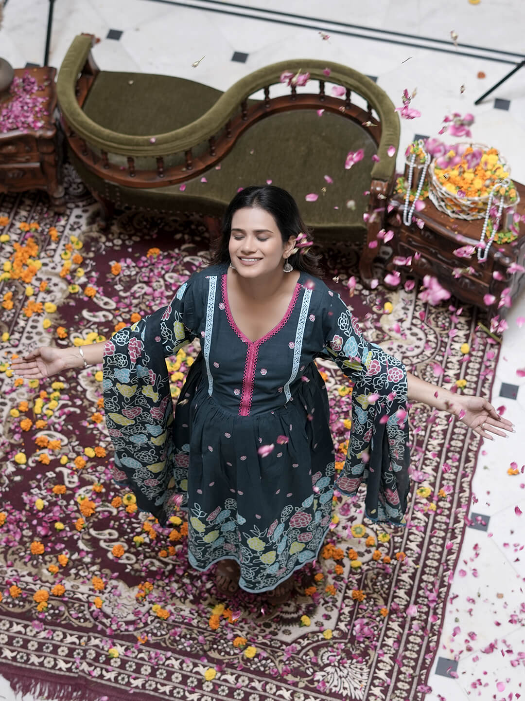 Teal Green Floral Print Cotton Maternity & Feeding-Friendly Flare Kurta Set with Dupatta