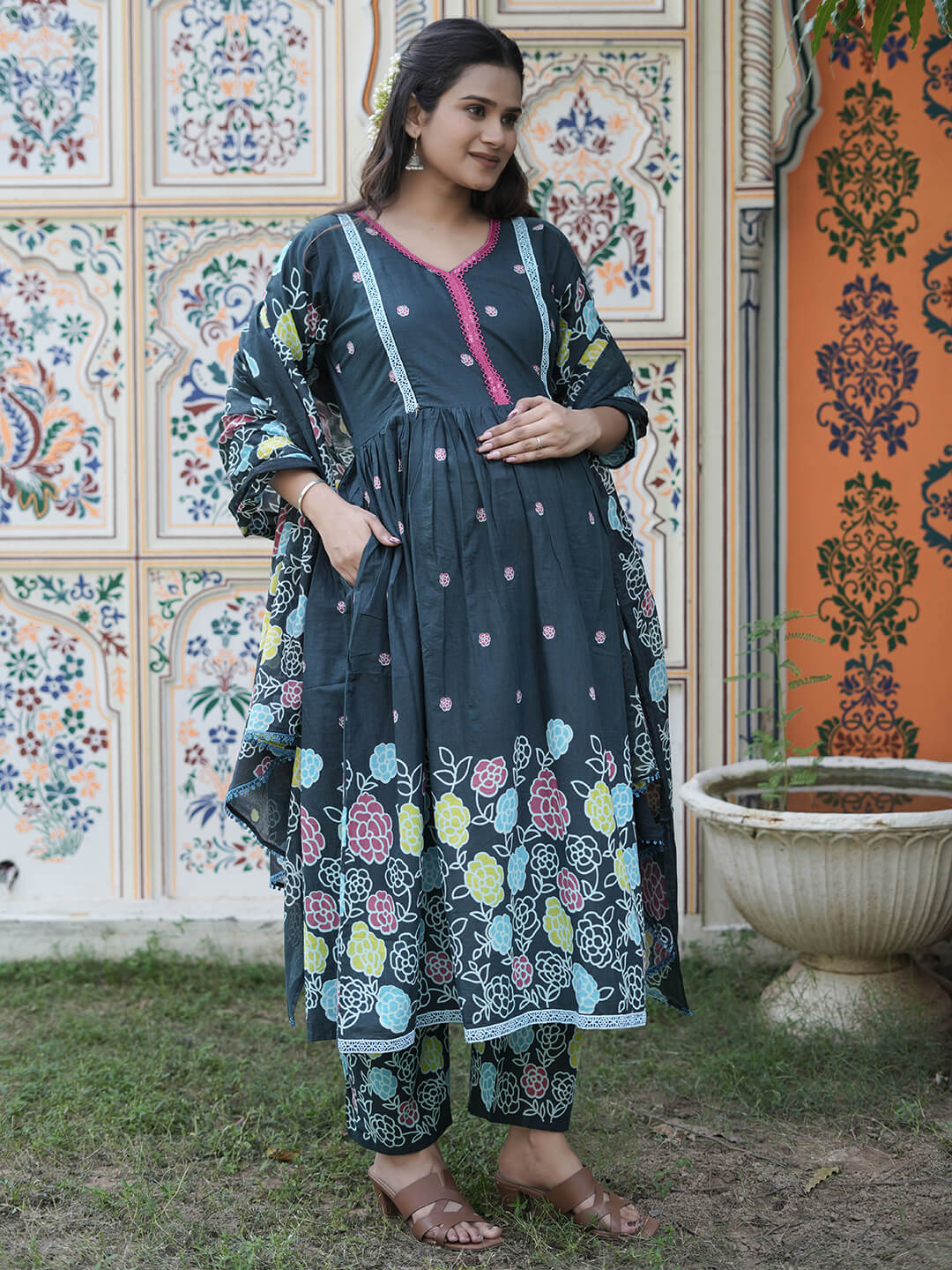 Teal Green Floral Print Cotton Maternity & Feeding-Friendly Flare Kurta Set with Dupatta